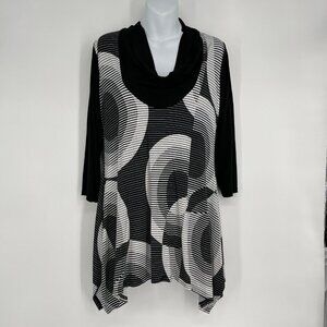 LIOR Paris Black & White Geometric‎ Print Cowl Neck Tunic Top Size M
